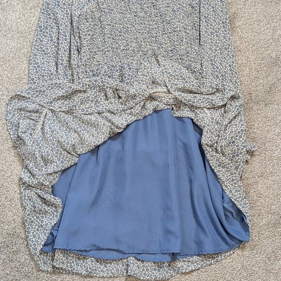 Blue Floral Chiffon Long Sleeve Short Boho Peasant Smocked Dress; Size S - Picture 3 of 4